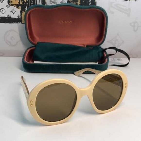New ✨ Authentic Gucci GG1081S 004 Round Sunglasses – Yellow Frame with Brown Len - Picture 7 of 12